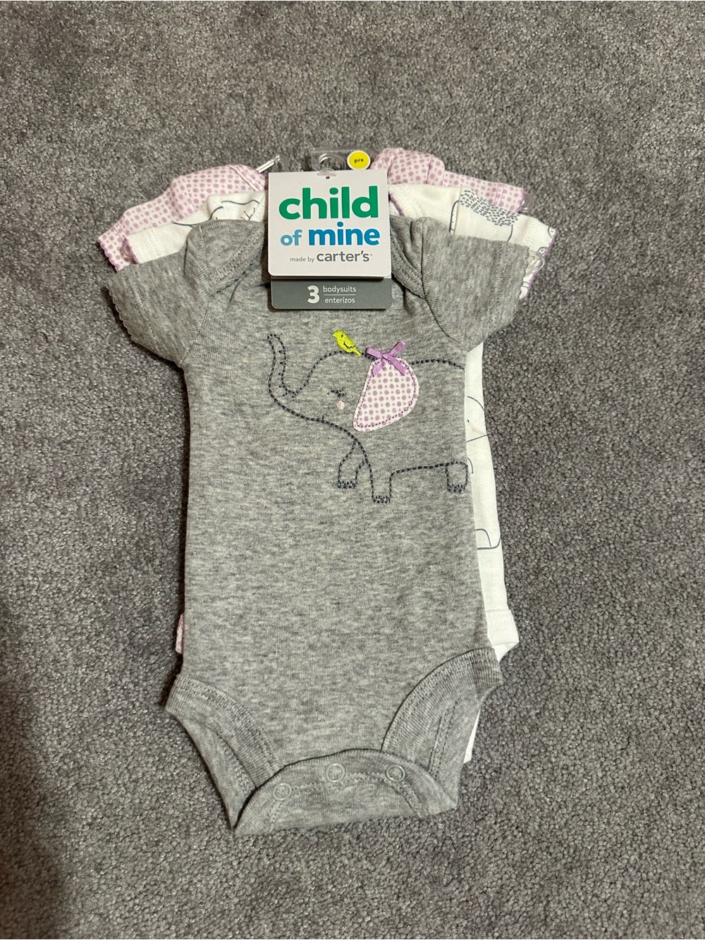 NWT- Carter's Grey & Purple Elephant Short-Sleeve Bodysuit - 3 Pack
